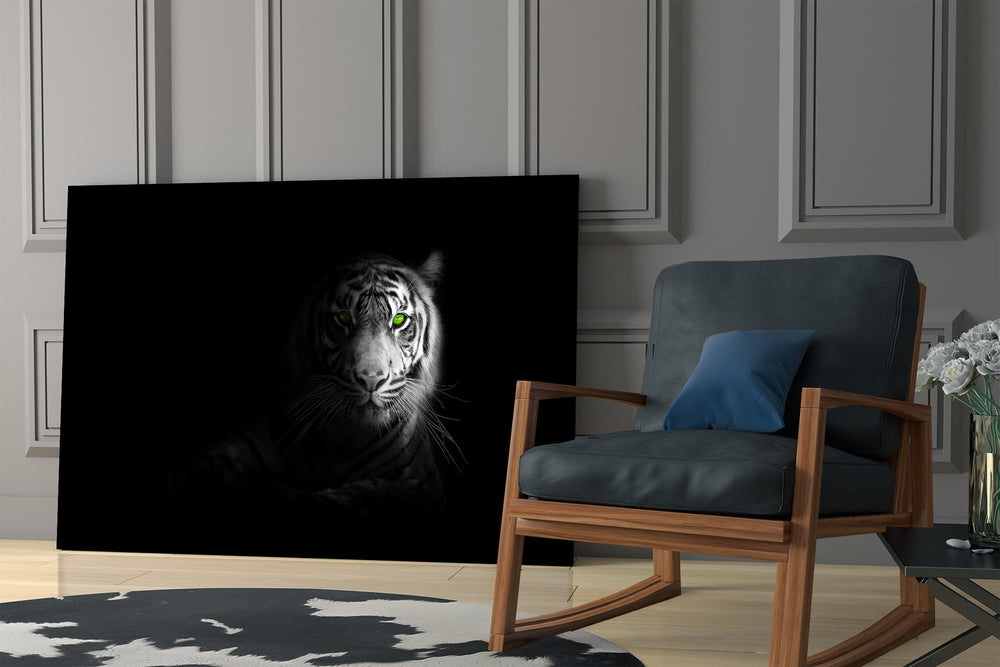 Dark-fantasy tiger cinematic glass wall art in mountain-cabin great room