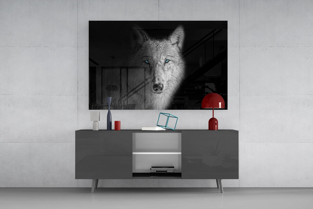 Lone-hunter cinematic glass wall art in boutique-hotel lounge