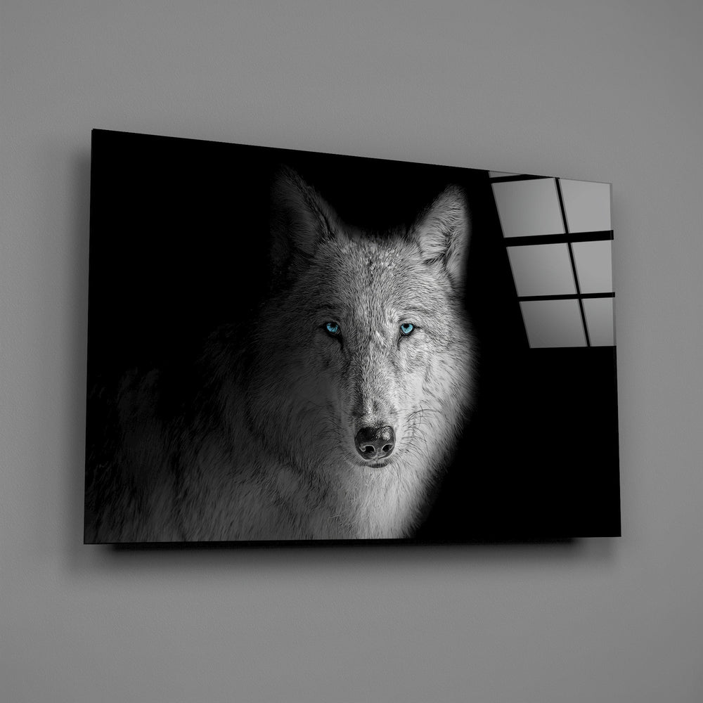Alpha-spirit wildlife cinematic glass wall art in mountain-cabin great room