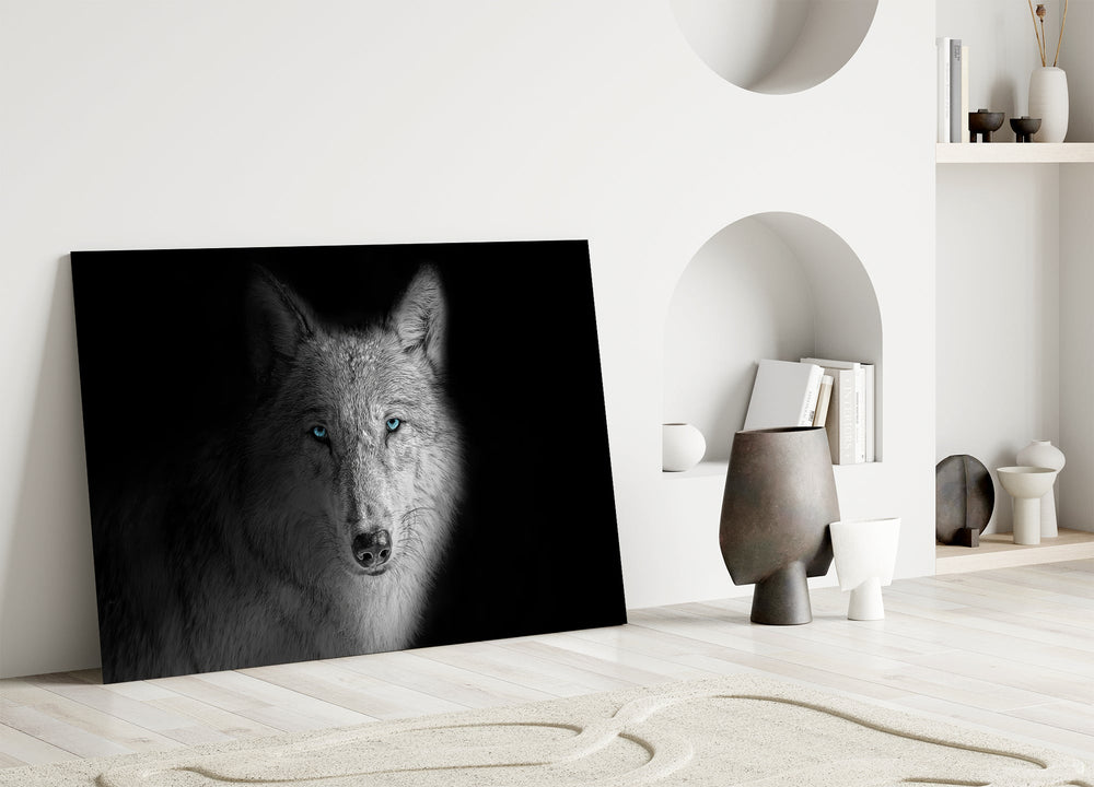 Glacial-eye wolf cinematic glass wall art in heritage stairwell