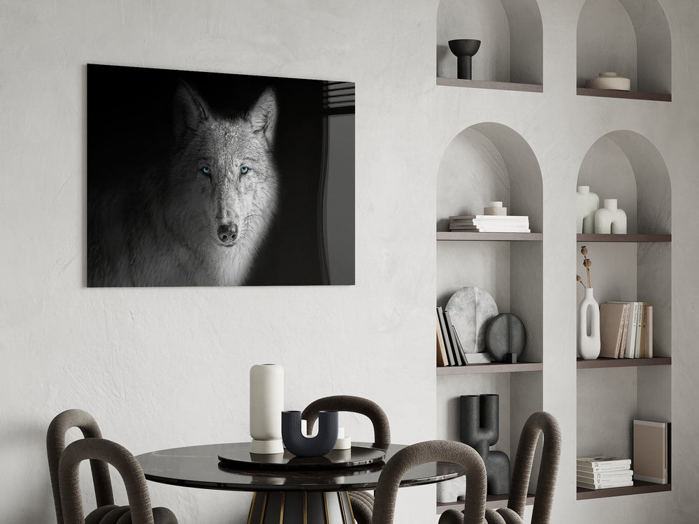 Black-and-white wolf cinematic glass wall art over modern dining sideboard