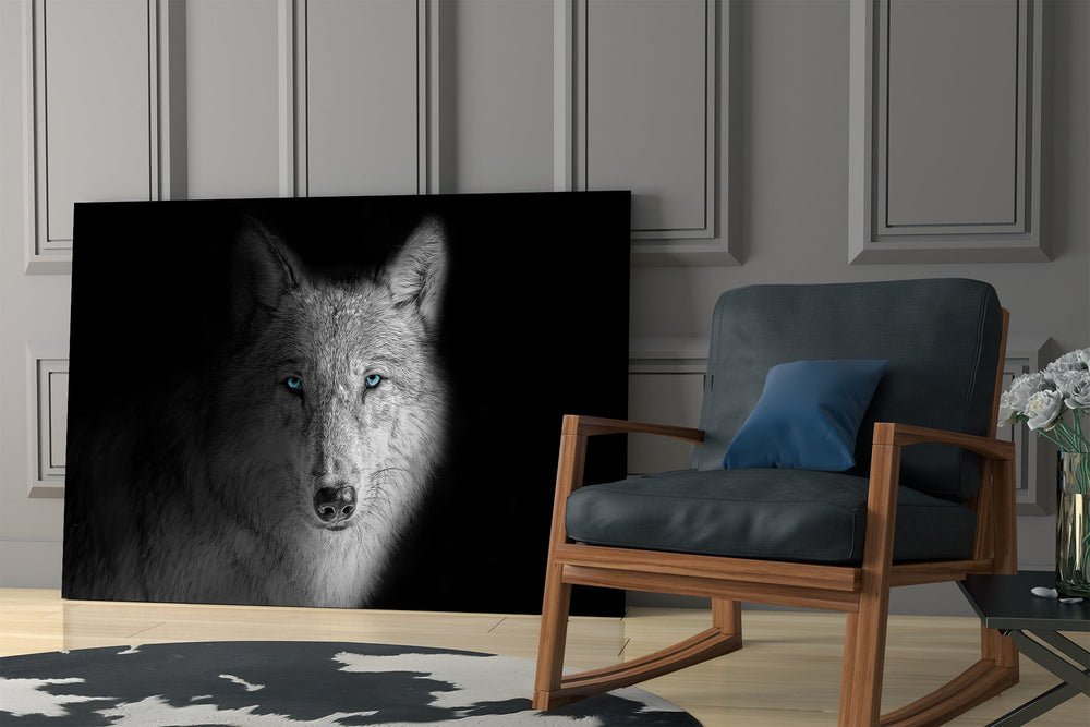 Nordic-fantasy wolf cinematic glass wall art in masculine-luxe study