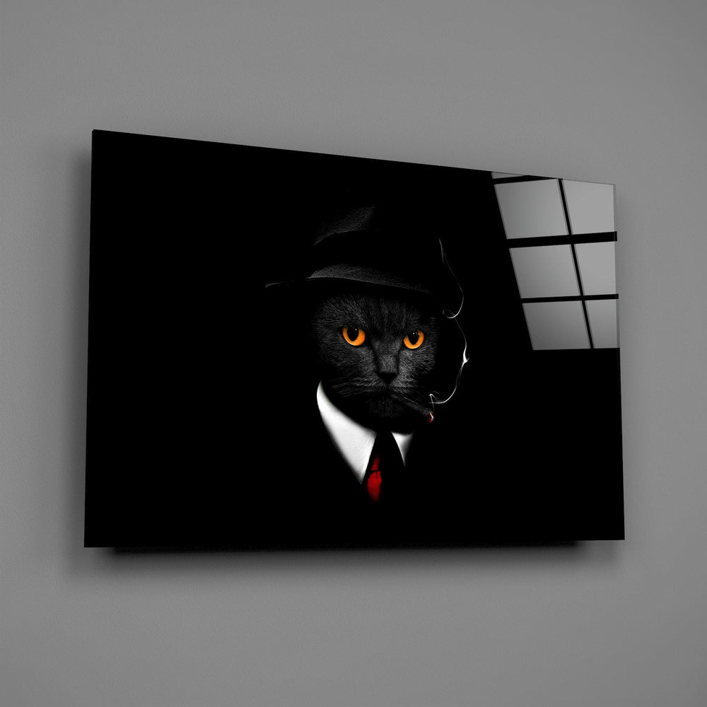 Noir mafia anthropomorphic cinematic glass wall art in speakeasy bar entry