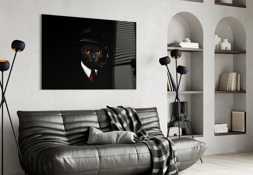 Cigar-smoking cat cinematic glass wall art in creative-agency reception