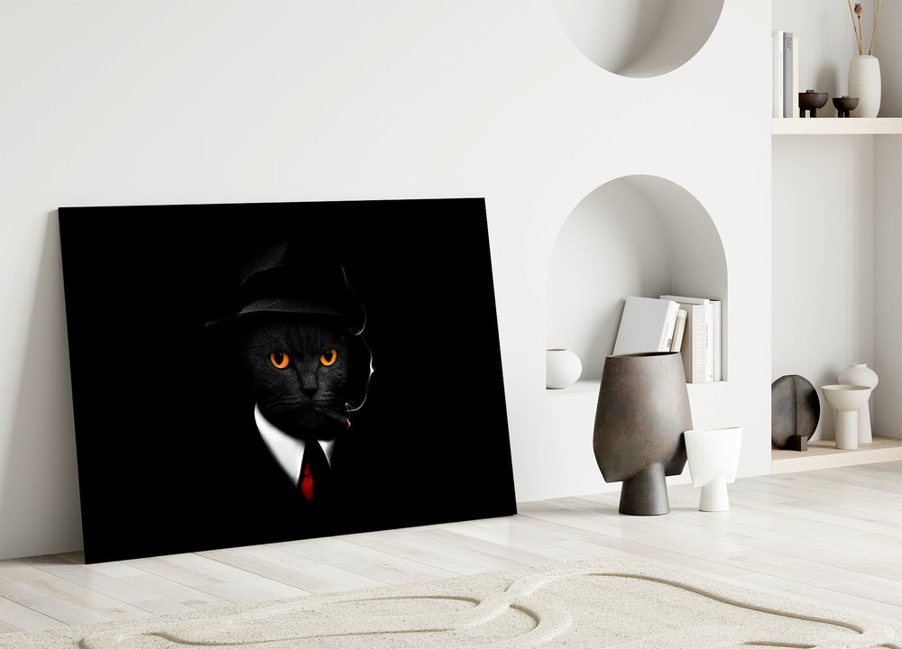 Anthropomorphic noir cinematic glass wall art in private library