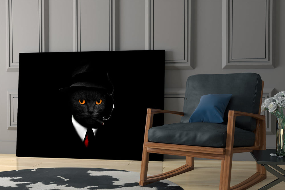 Sopranos-style cat cinematic glass wall art in heritage stairwell