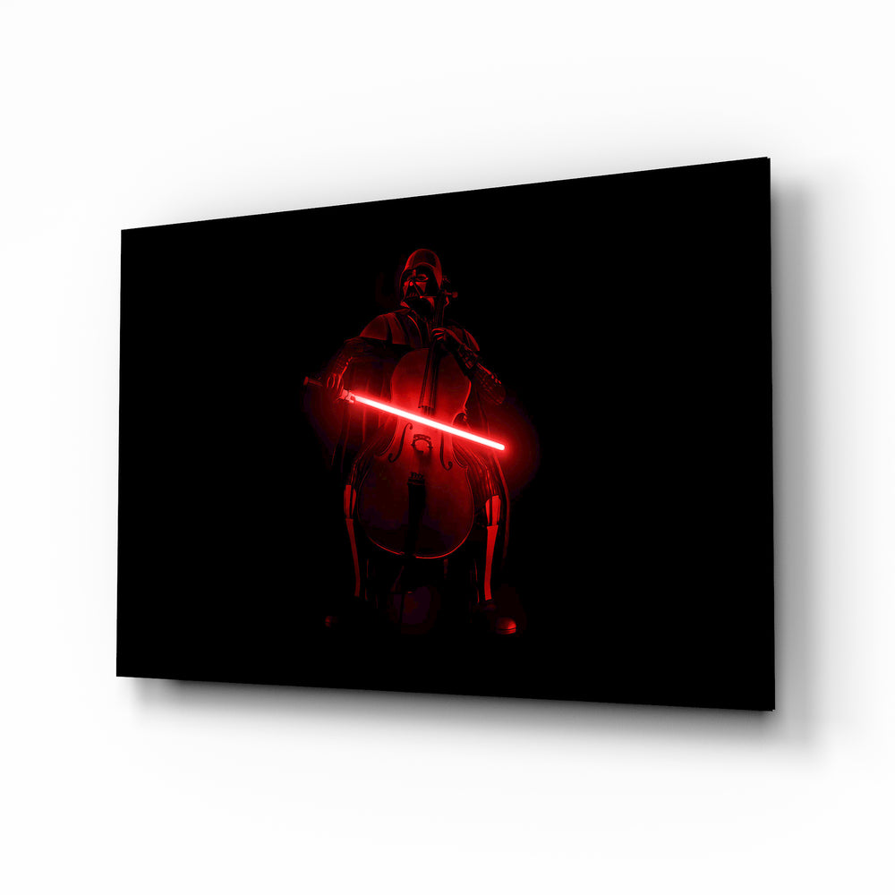Darth Vader cellist cinematic glass wall art over walnut console in designer entertainment den