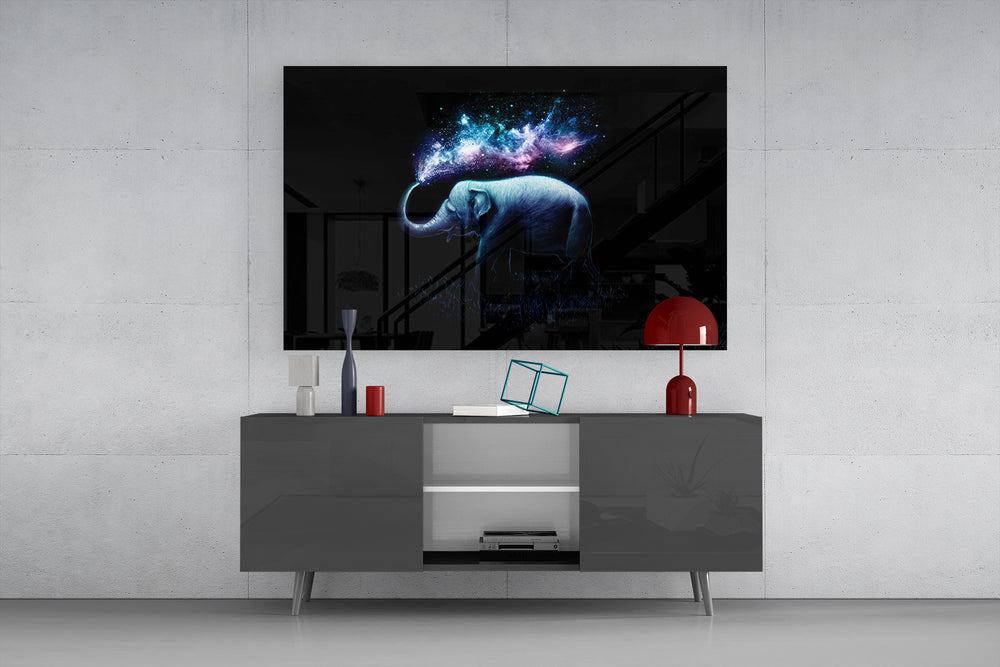 Nebula elephant cinematic glass wall art in light-filled atelier