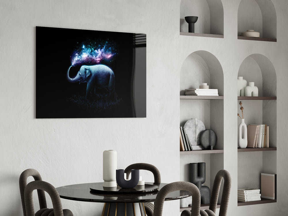 Dream-wildlife cinematic glass wall art over modern dining sideboard