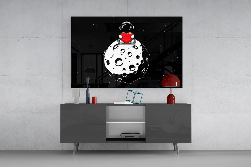 Star-flecked moon cinematic glass wall art in light-filled atelier