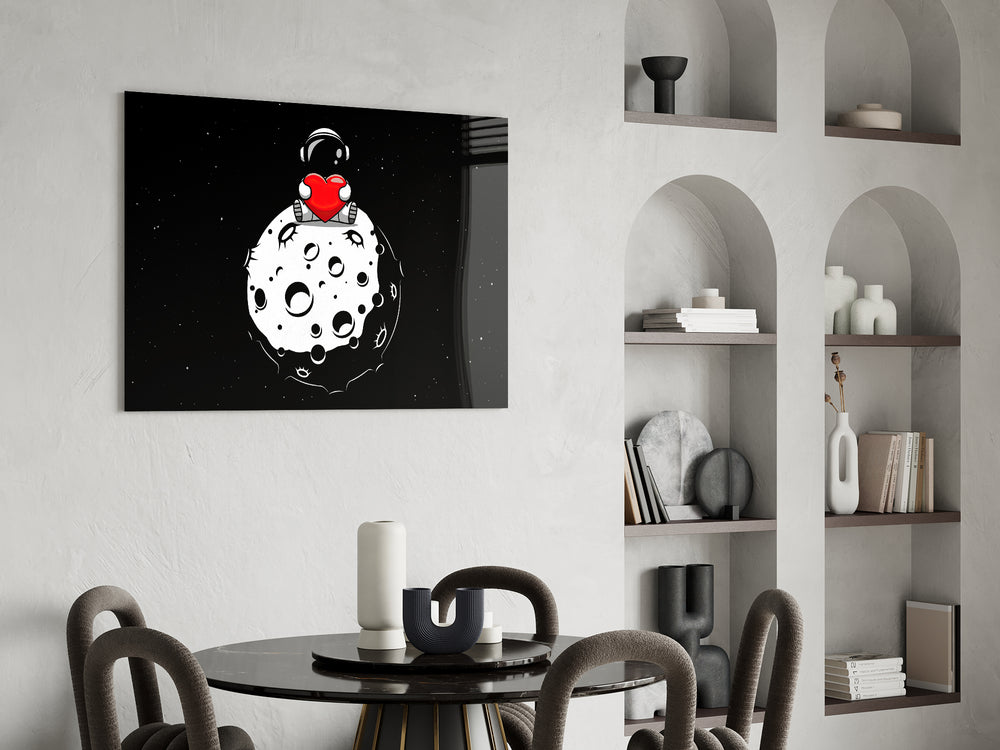 Heart-on-moon cinematic glass wall art over modern dining sideboard