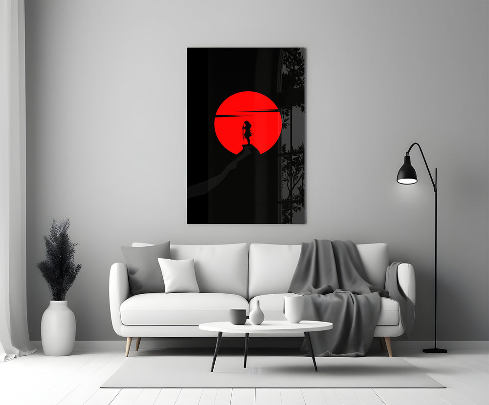 Hokusai-style minimalist cinematic glass wall art in heritage stairwell