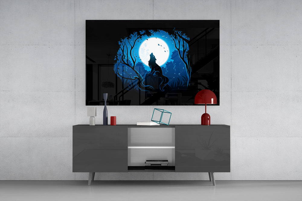 Wolf Howling at Moon Glass Wall Art