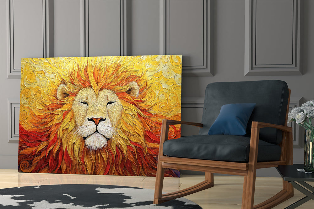 Sun-king lion cinematic glass wall art in masculine-luxe study