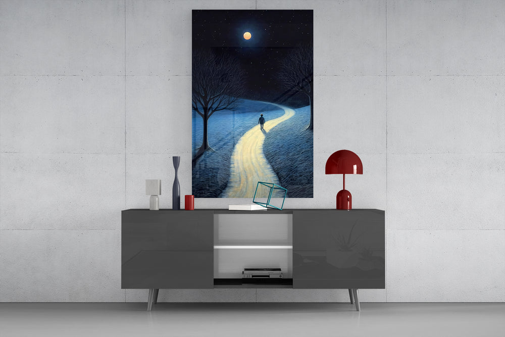 Bare-trees moonlight cinematic glass wall art in light-filled atelier