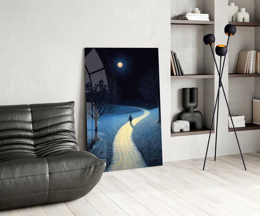 Dream-journey cinematic glass wall art over modern dining sideboard
