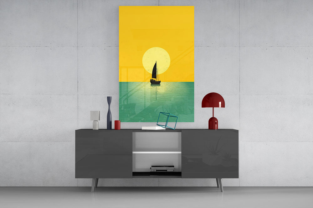 Flat-color landscape cinematic glass wall art in light-filled atelier