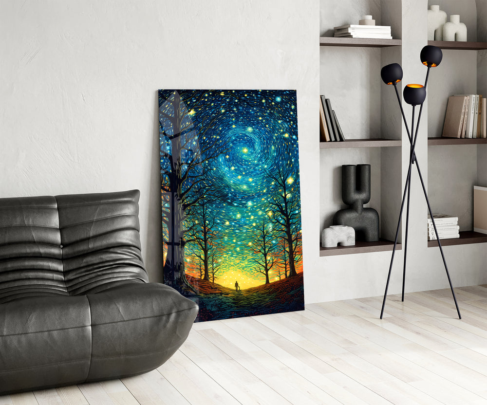 Dream-journey cinematic glass wall art over modern dining sideboard