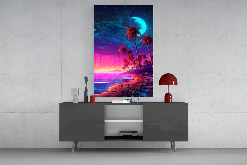 Coastal vaporwave cinematic glass wall art in masculine-luxe study