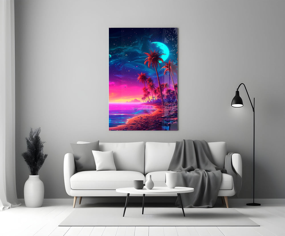 Cyan-moon shoreline cinematic glass wall art in heritage stairwell