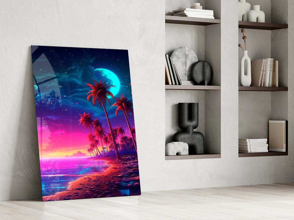 Magenta-and-cobalt sky cinematic glass wall art in private library reading nook