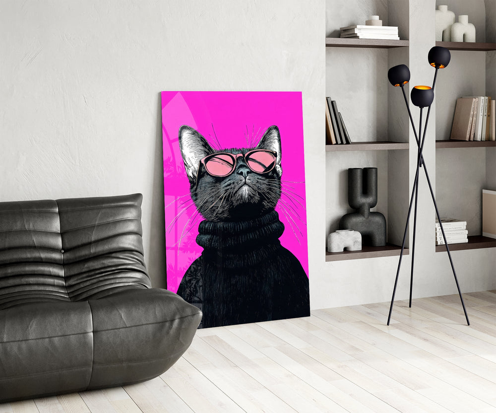 Pink-aviator-cat cinematic glass wall art over modern dining sideboard