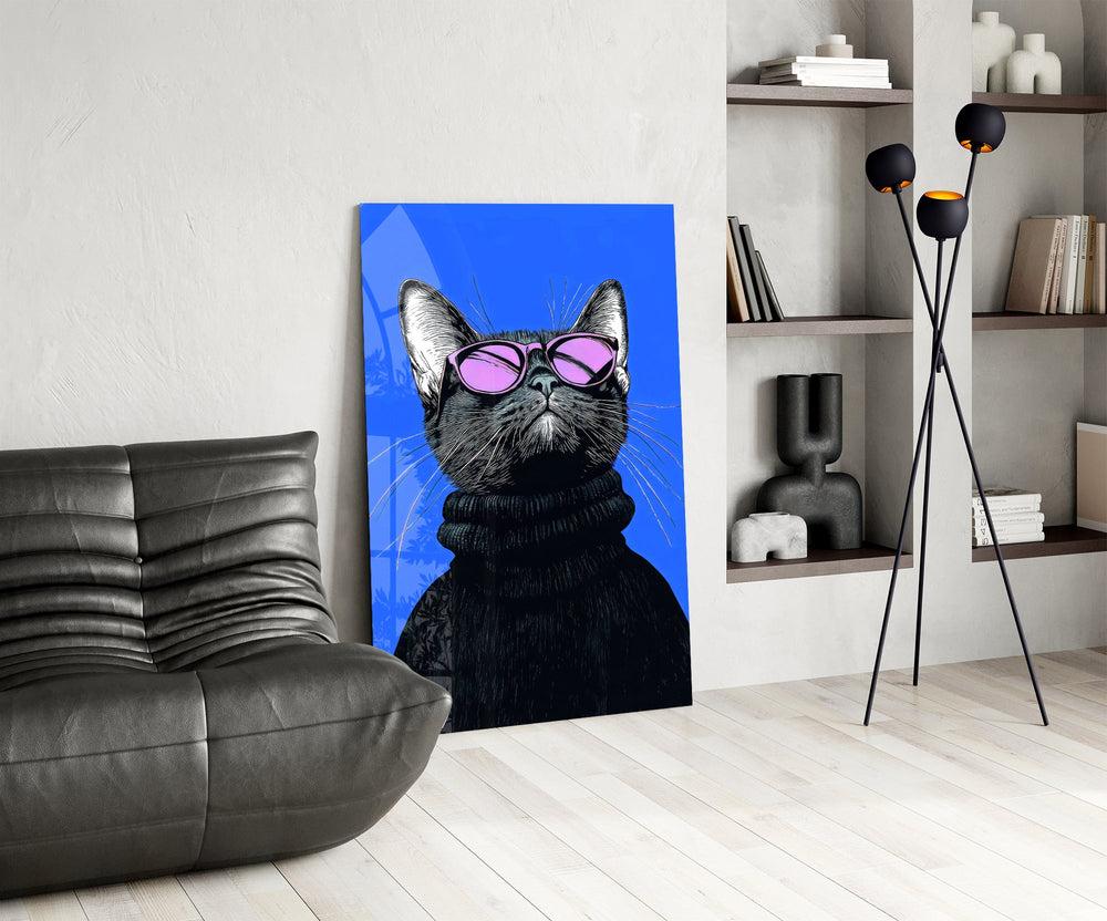 Pink-aviator-cat cinematic glass wall art over modern dining sideboard