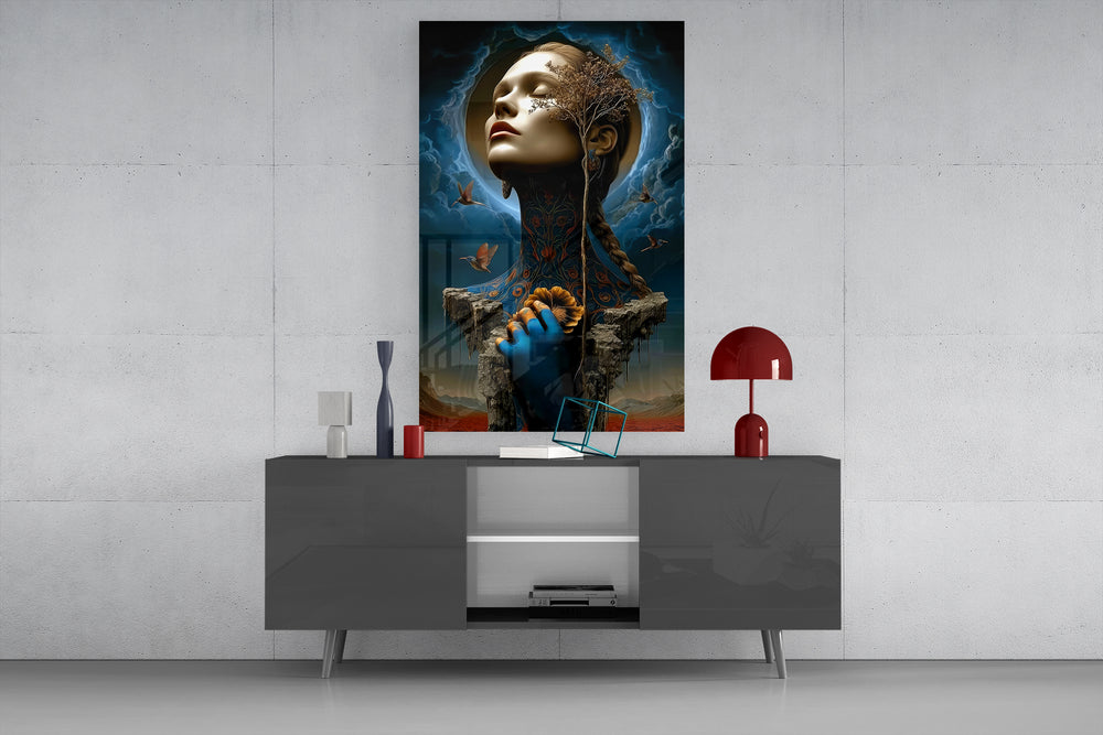 Hummingbird-and-tree cinematic glass wall art in light-filled atelier