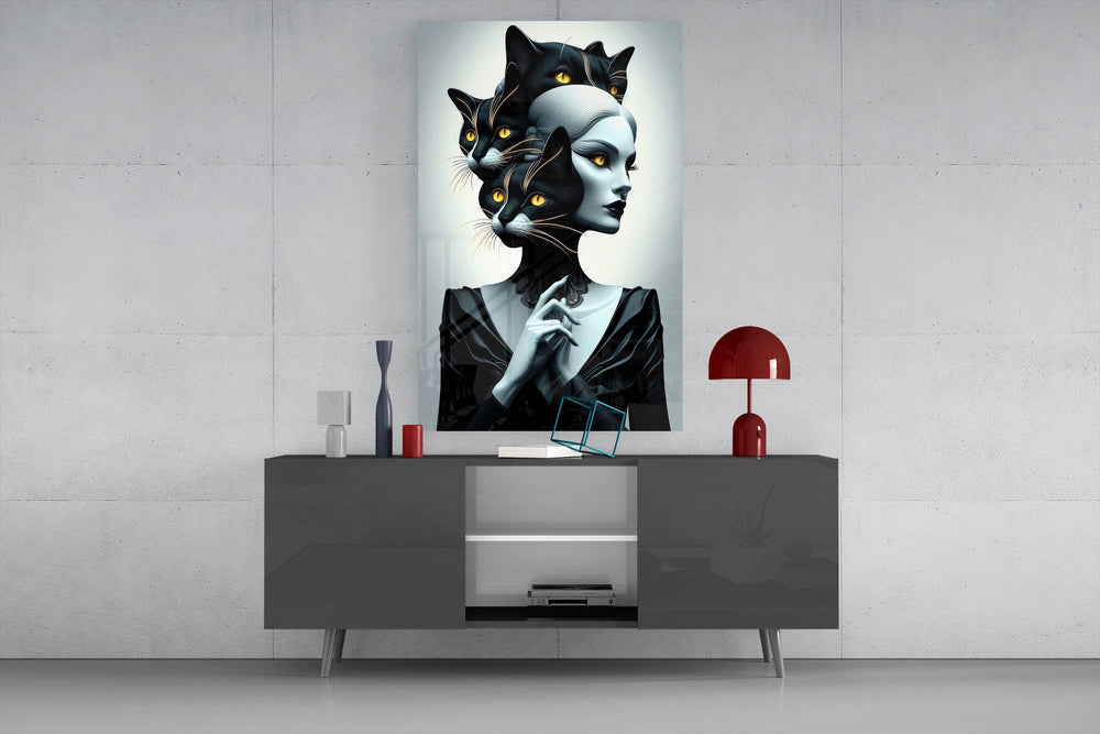 Surreal-portrait cinematic glass wall art in light-filled atelier