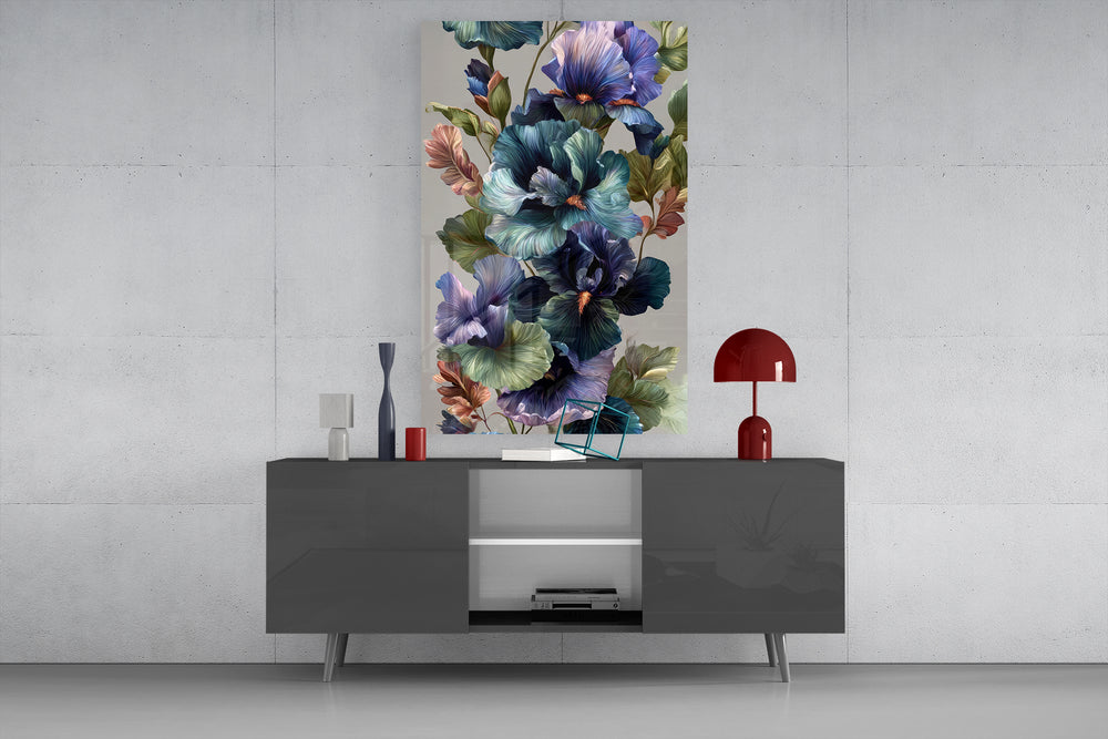 Pansy-and-iris cinematic glass wall art in light-filled atelier