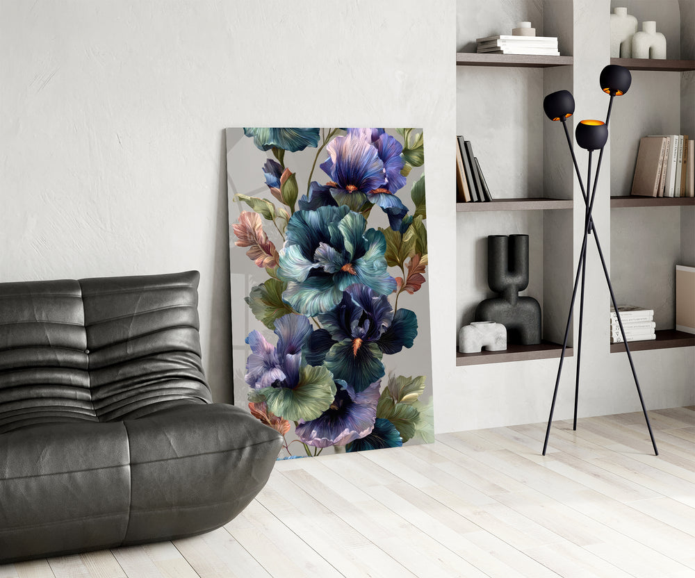 Oil-floral cinematic glass wall art over modern dining sideboard