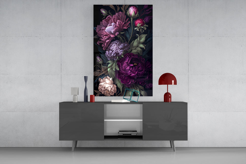 Cottagecore peony cinematic glass wall art in light-filled atelier