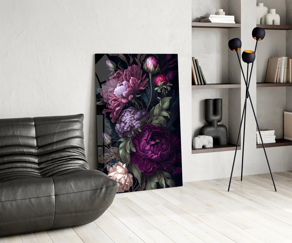 Painterly-peony cinematic glass wall art over modern dining sideboard