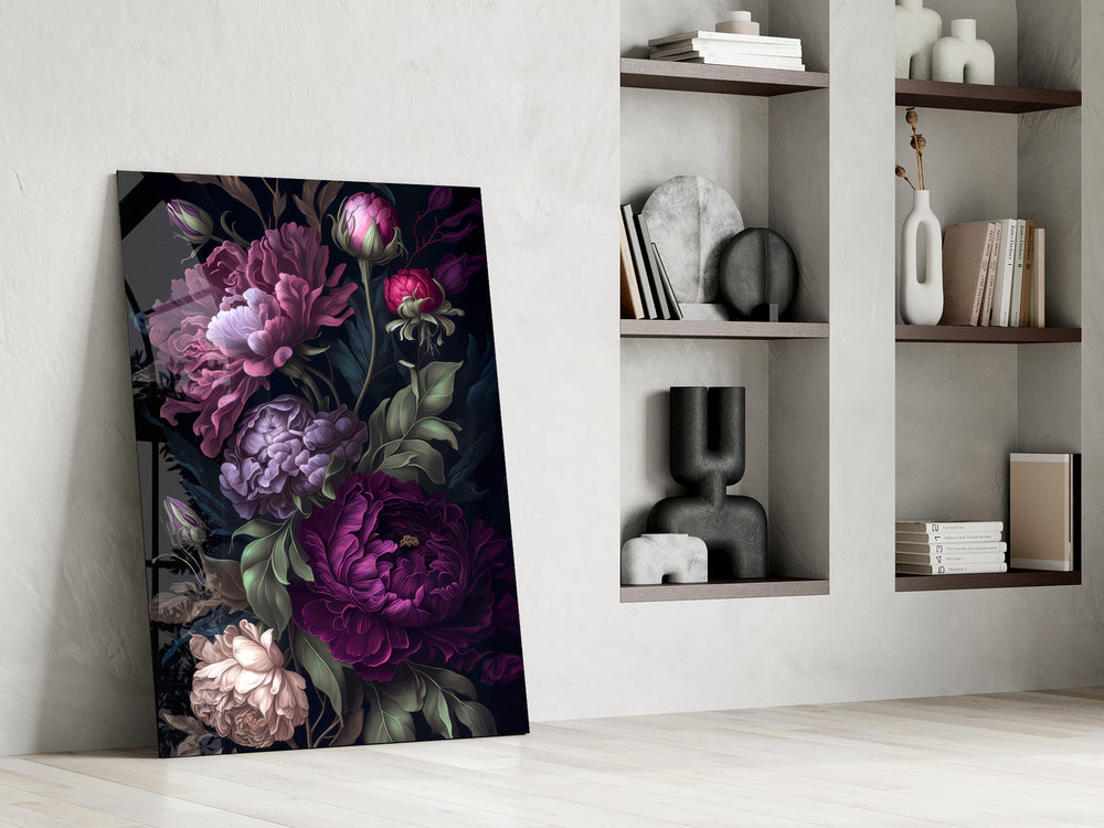 Dark-floral cinematic glass wall art in private library reading nook