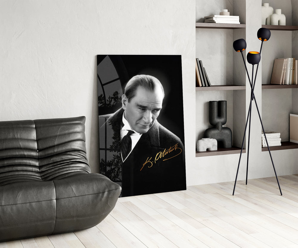 Solemn-state-portrait cinematic glass wall art over modern dining sideboard
