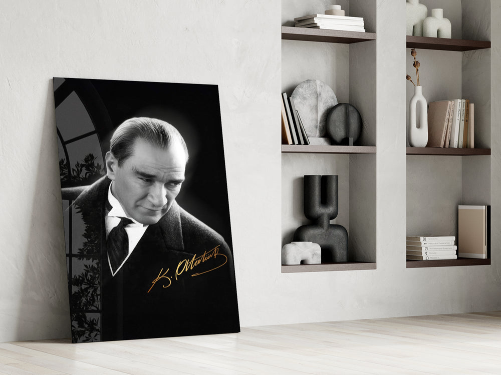 Turkish founder cinematic glass wall art in masculine-luxe study