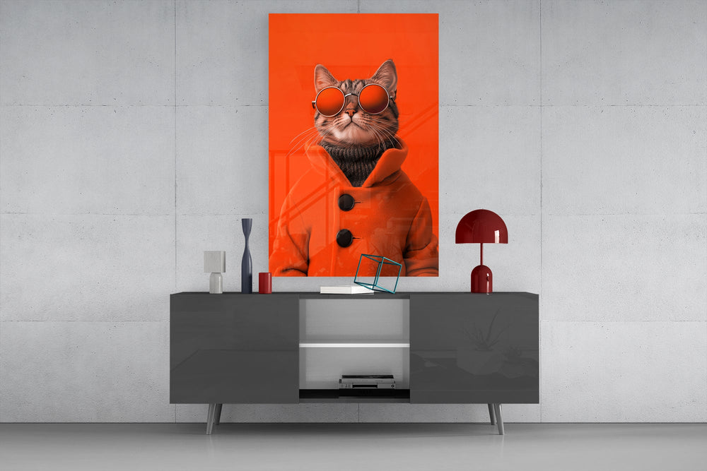 Smug-cat dandy cinematic glass wall art in light-filled atelier