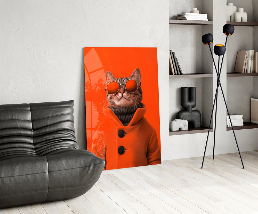 Pea-coat tabby cinematic glass wall art over modern dining sideboard