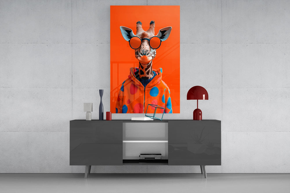 Anthropomorphic-pet cinematic glass wall art in light-filled atelier