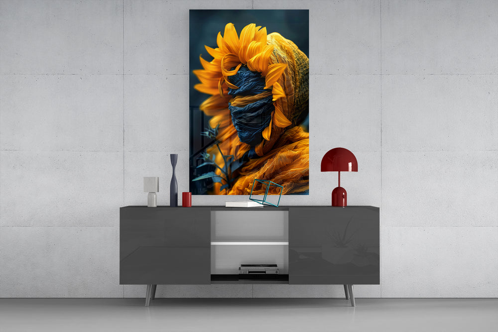 Cobalt-veil floral cinematic glass wall art in light-filled atelier