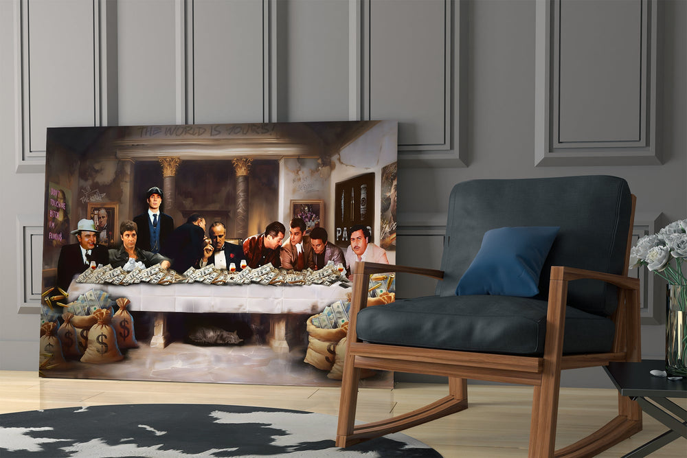 Da Vinci parody cinematic glass wall art in private library reading nook