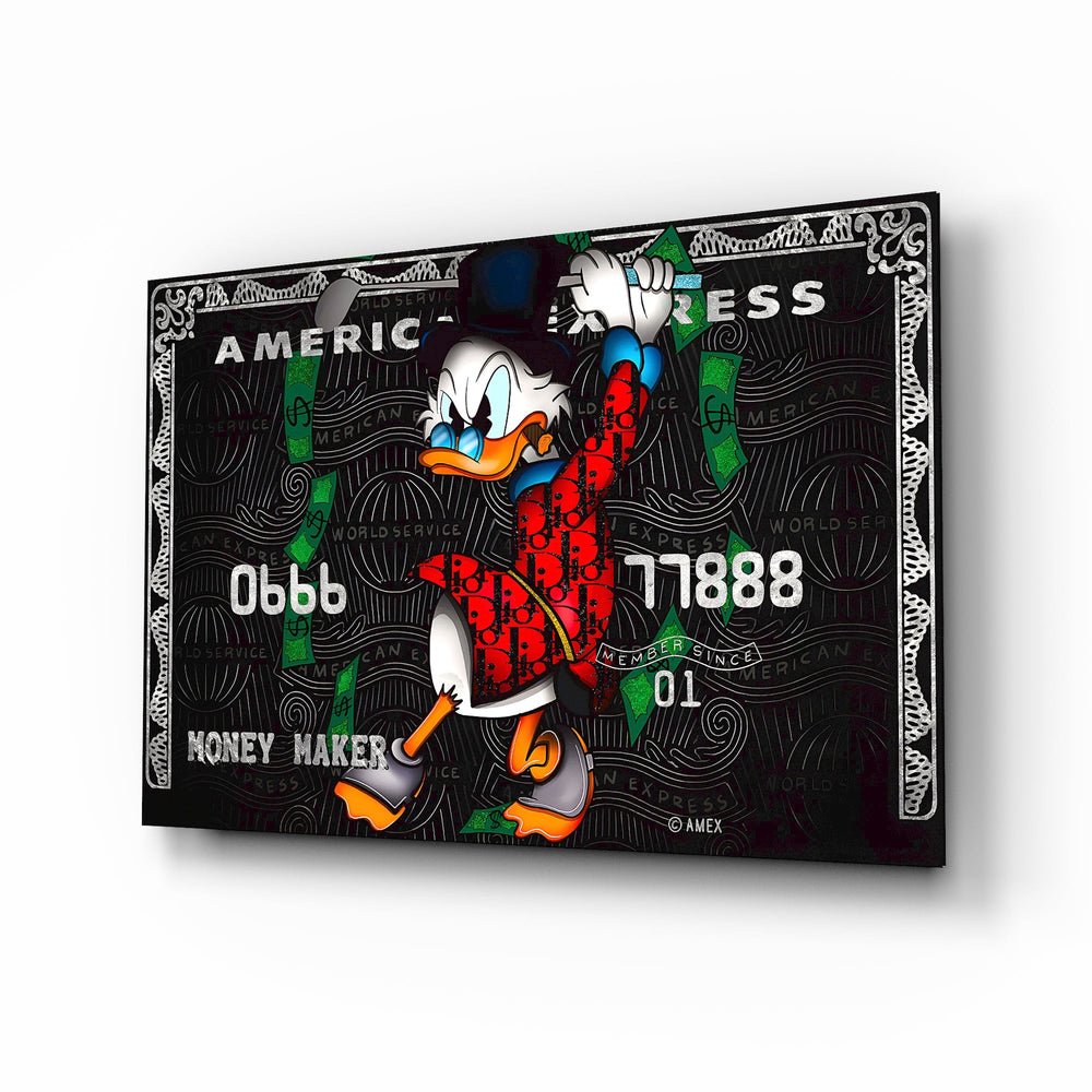 Scrooge McDuck Money Maker cinematic glass wall art over walnut console in designer cigar lounge