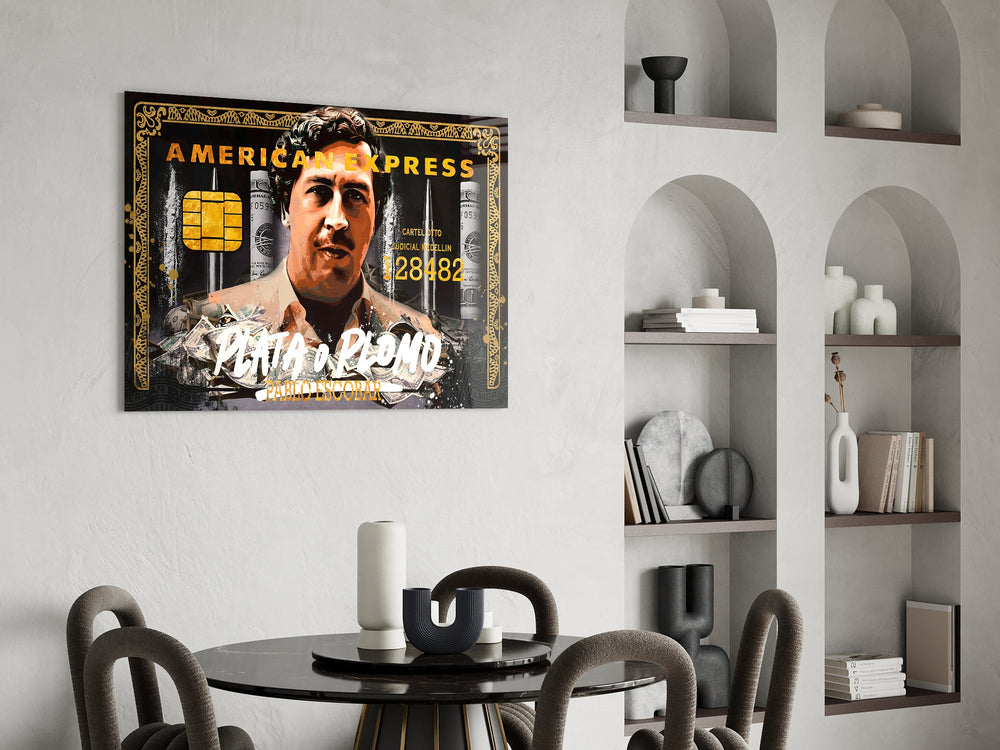 Black AmEx card cinematic glass wall art over modern bar console