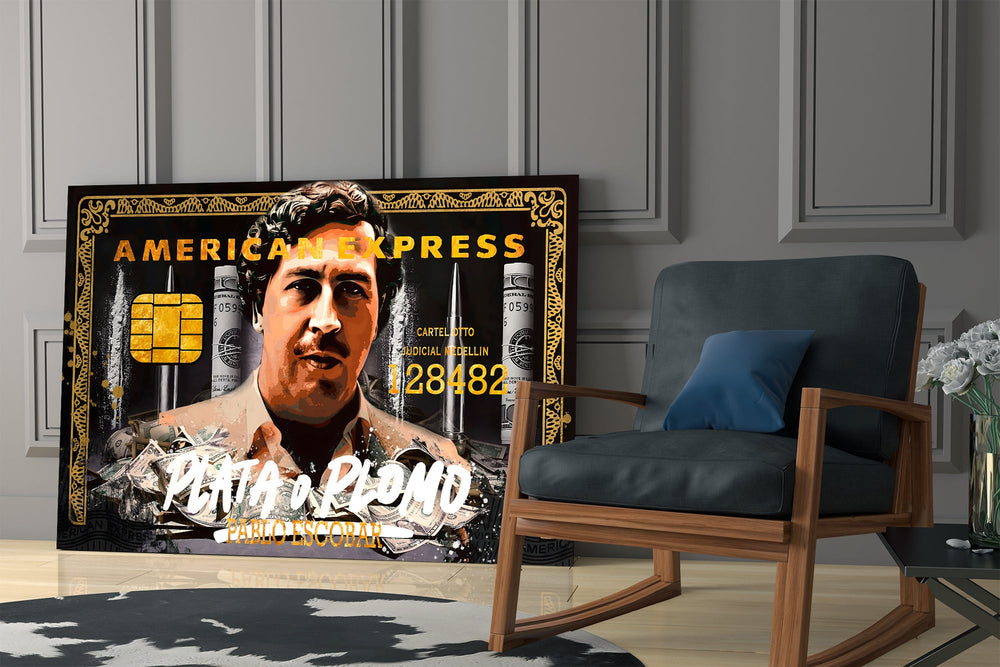 Narcos tribute cinematic glass wall art in private library reading nook