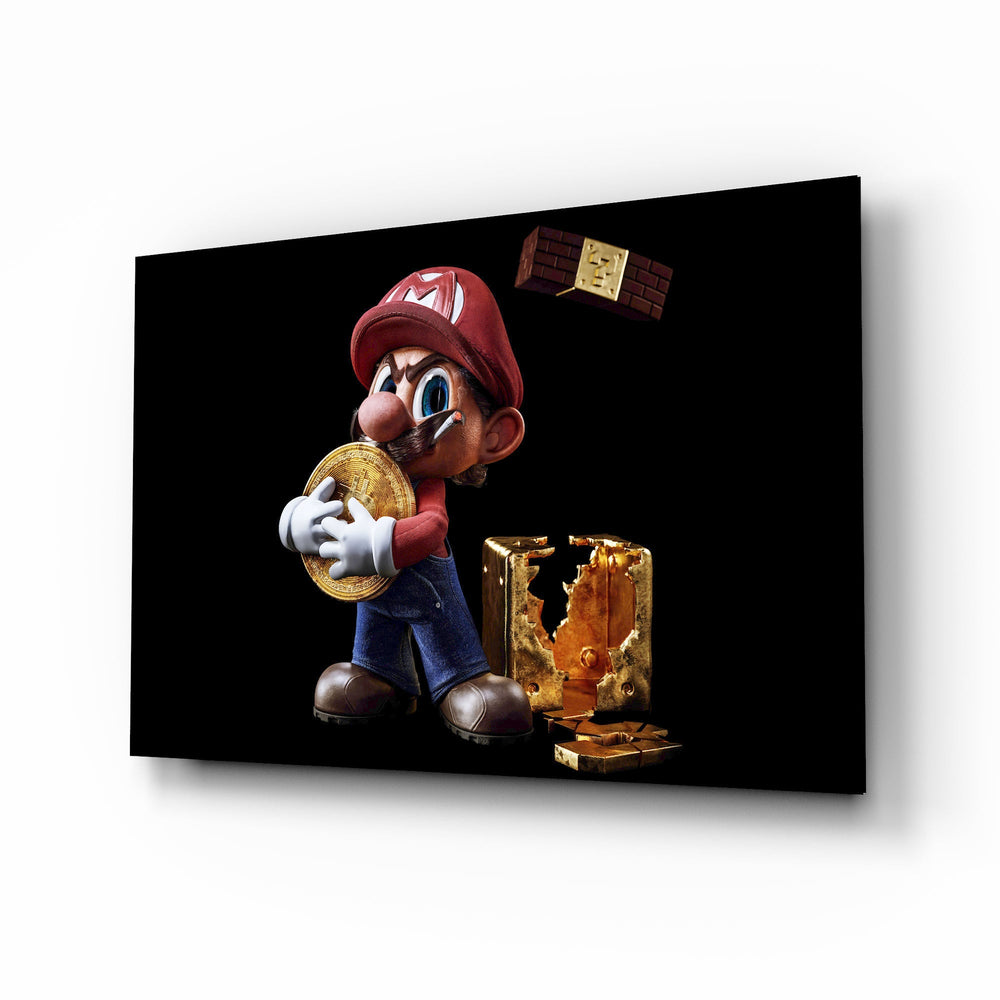 Super Mario Bitcoin cinematic glass wall art over walnut console in designer entertainment den