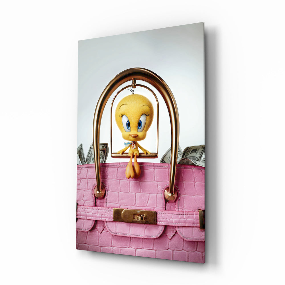 Tweety in pink Birkin cinematic glass wall art over walnut console in designer fashion atelier