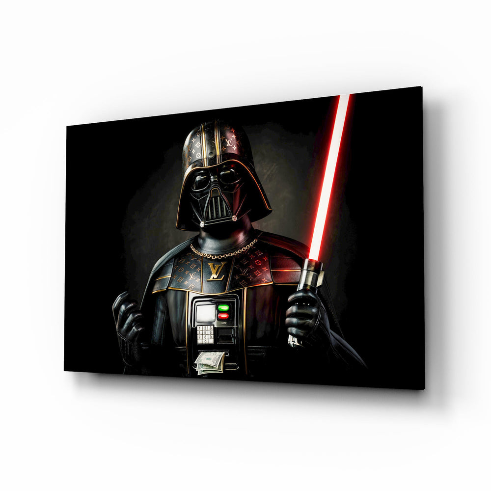 Darth Vader LV ATM cinematic glass wall art over walnut console in designer cigar lounge