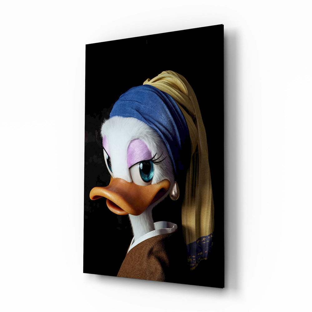 Daisy Duck Pearl Earring cinematic glass wall art over walnut console in designer fashion atelier