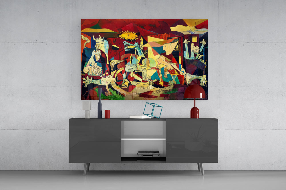 Crimson and ochre Guernica cinematic glass wall art in masculine-luxe study
