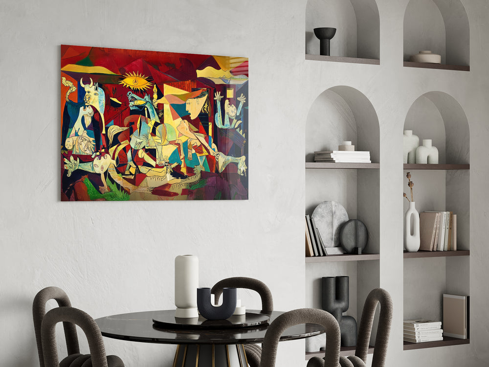 Cubist masterwork cinematic glass wall art over modern dining sideboard